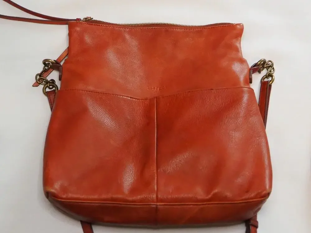 Margot New York Cognac Leather Triple Zip Crossbody Hobo Bag 12x13 Brown